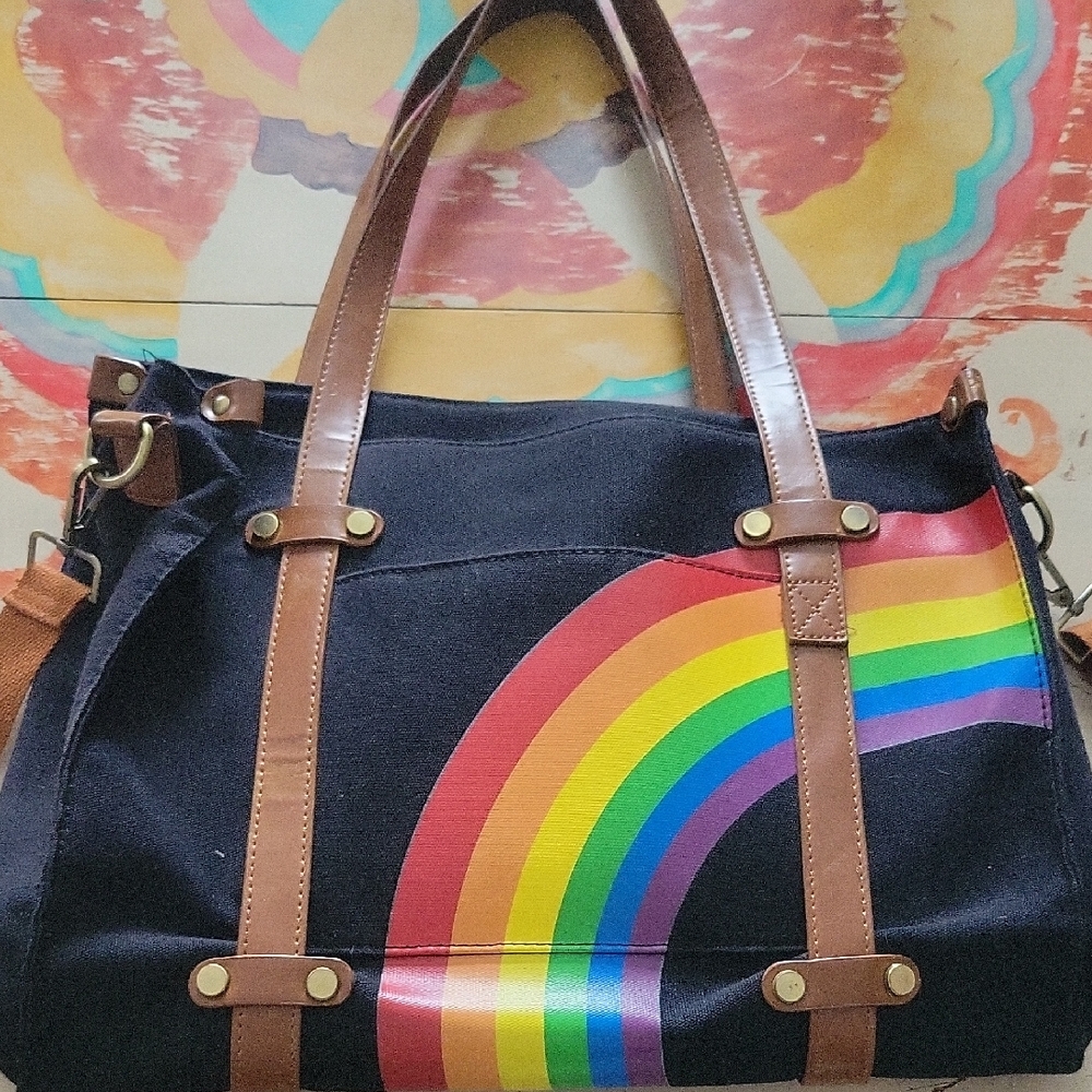 Modcloth Black and Brown Leather Trimmed Tote with Rainbow Design